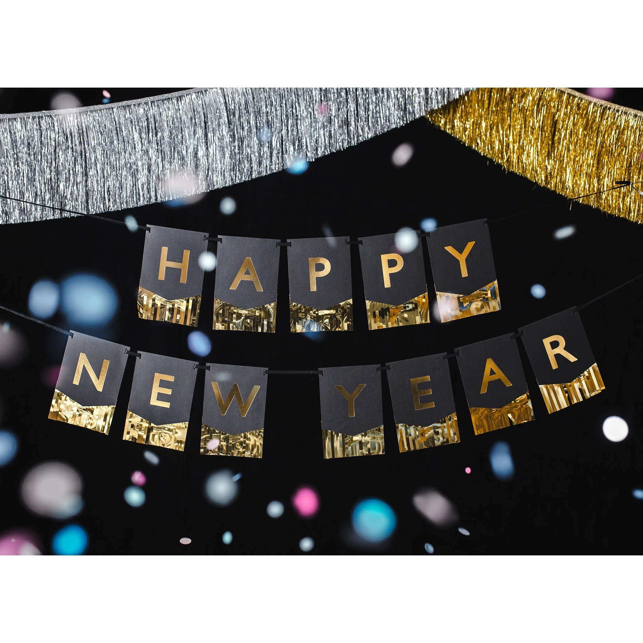 PARTYDECO – Girlande Happy New Year Schwarz/Gold